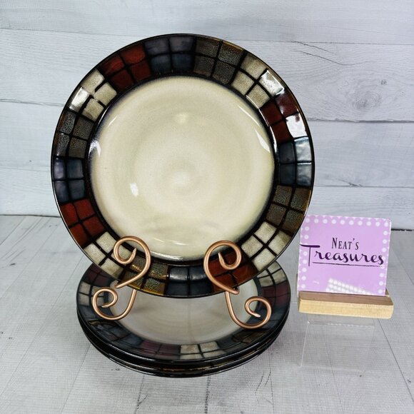 Pfaltzgraff CALICO Red Tan Mosaic Tile Block Cream Ceramic Dinner Plates Set4